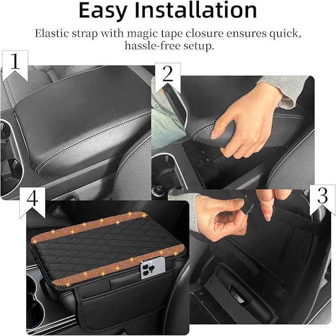 NBTEPEM Bling Car Center Console Cover, Leather Car Arm Rest Cover Cushion with 2 Storage Bags, Universal Auto Armrest Protector Storage Box, Bling Accessories Interior for Most Vehicles (Orange)