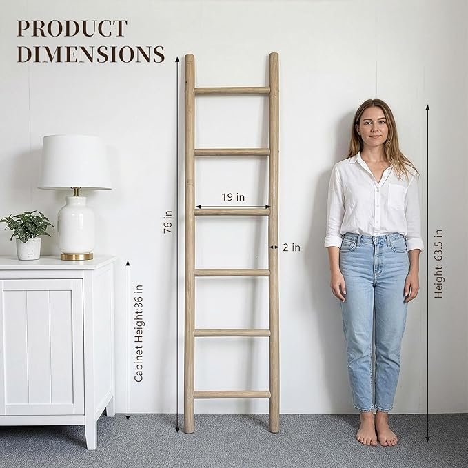 Wooden Blanket Ladder - 76in Natural Wood Color- Leaning Wall Decor for Bedroom, Bathroom, Living Room - Rustic Quilt Holder 