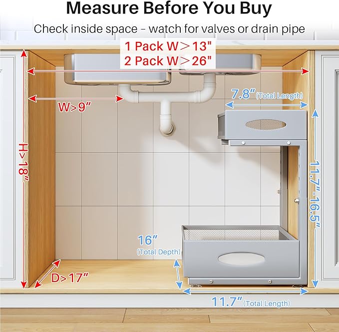Under Sink Organizer, 2 Pack 2 Tier Pull Out Under Cabinet Organizer Shelf with Pad for Framed Cabinets, Metal Slide Out Unde
