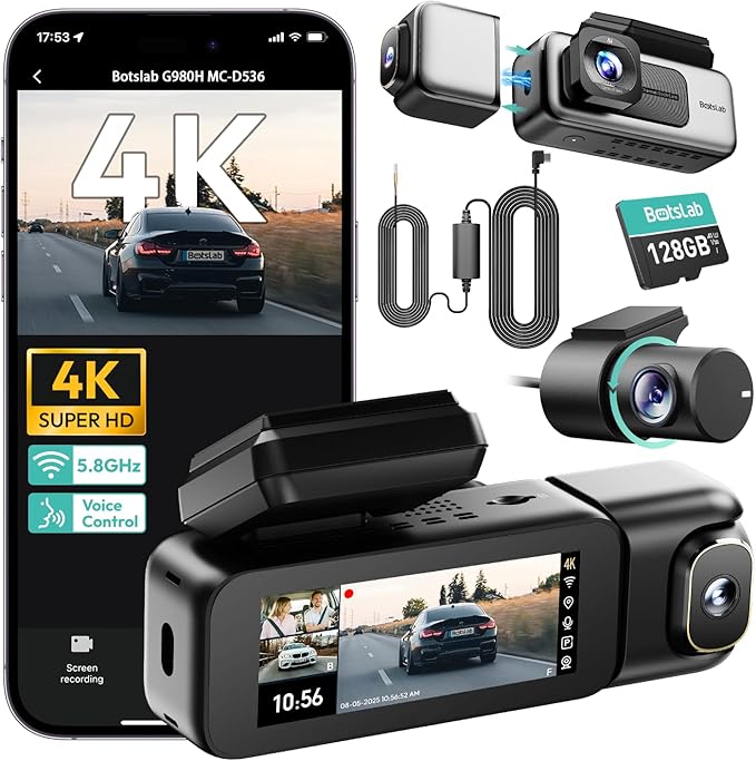 BOTSLAB 3 Channel Dash Cam 4K with ACC Hardwire Kit & 128GB TF Card, 3.18" Touch Screen, Voice Control, 4K Front and 1080P Re