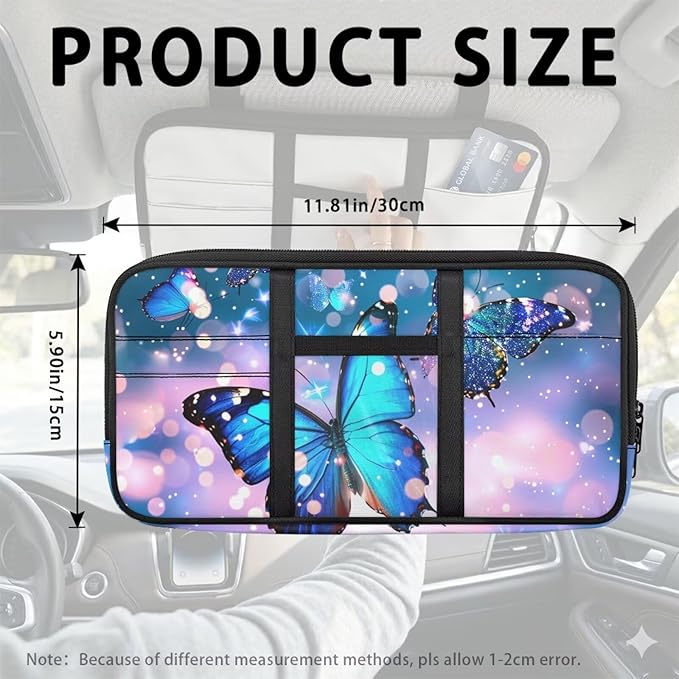 Blue Butterfly Car Sun Visor Organizer, Multi-Pocket Auto Visor Organizers Card Holder Car Storage Bag with Zipper Scratch-Resistant Auto Sunshade Organizer Bag - Organizes Essentials