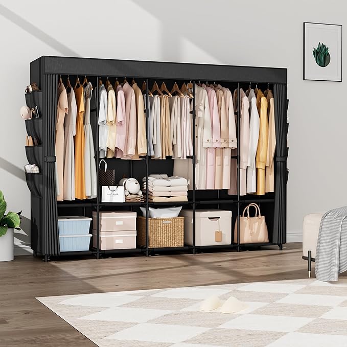 Portable Closet Storage, Portable Wardrobe Closet Organizer Clothes Rack wtih Cover, Hanging Rod, Storage Shelves and Side Po