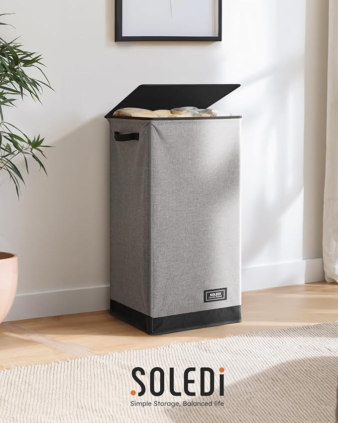 SOLEDI Slim Laundry Hamper with Lid, Narrow Laundry Basket with Removable Bags, Dirty Clothes Hamper with handle, Small Hampe
