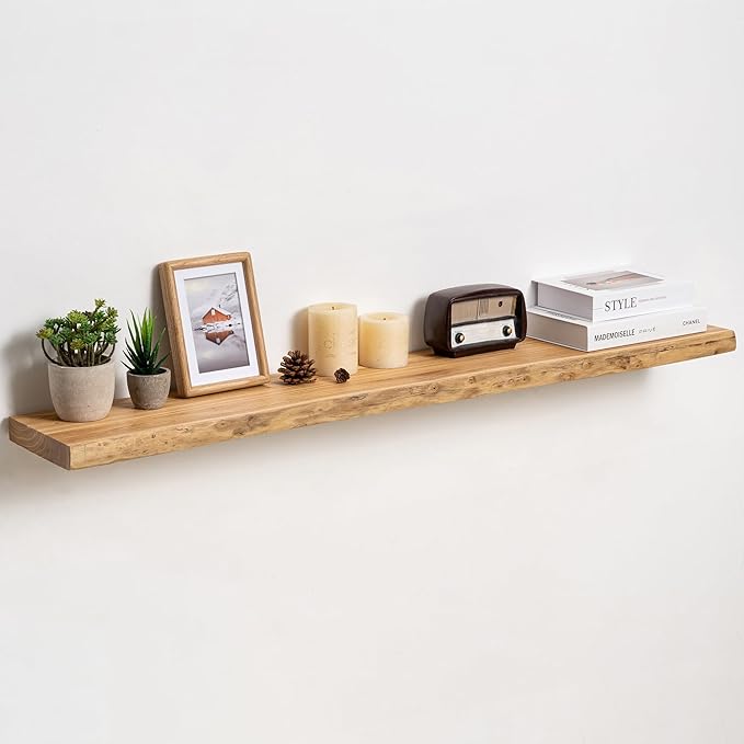 Fun Memories Floating Shelves for Wall Decor Set of 1-48 Inch Solid Elm Wood Live Edge - Rustic Natural Wall Shelves with Inv