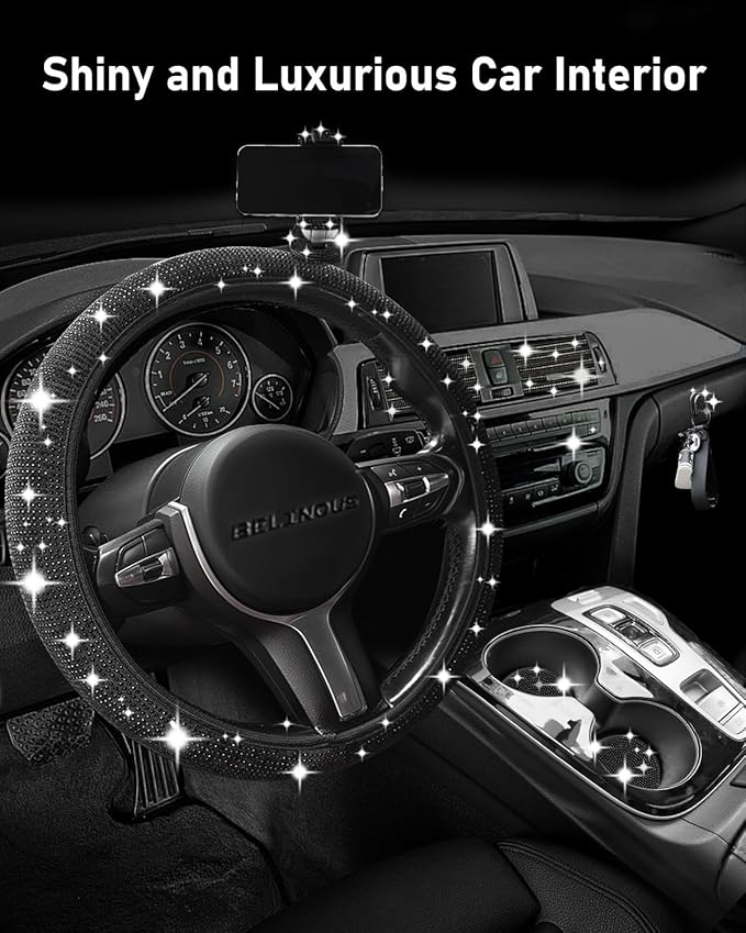 Belinous 27 PCs Bling Car Accessories for Women, Girl Car Accessories for Interior, Bling Steering Wheel Cover 14.5-15in, Bling License Plate Frame, Bling Phone Holder, Cup Coasters (Black Diamond)