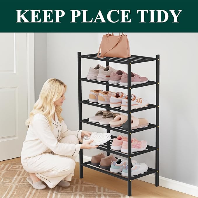 Smiry Small Bamboo Shoe Rack 6-Tier, Stackable Wooden Shoe Organizer for Entryway & Closet, Free Standing Wood Shoe Storage S