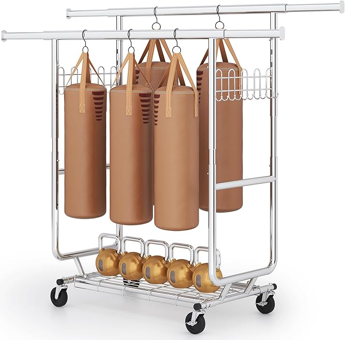 Gewudraw Heavy Duty Clothes Rack Load 900 Lbs, Double Rod Rolling Clothing Rack With Sturdy Wheel And Shelves，Adjustable Port