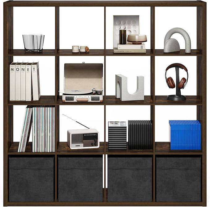 Furinno Cubicle Book Shelf, 16-Cube Bookshelf, Extra Thick Frame Reversible Bookcase with Open Back, 14.6" x 58" x 58", for L