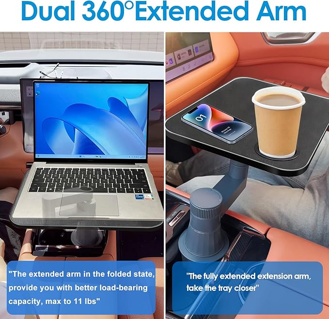 Car Tray& Car Desk for Laptop,Dual 360° Rotating,Anti Slip Leather Surface, Food Tray, Cup Holder Table Compatible with Tesla Model Y/3/S, Ford F150/Explorer/Maverick/Home Theater Seating (Black)