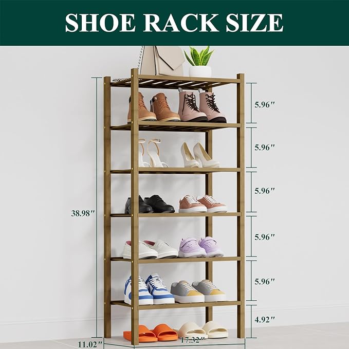 Smiry Shoe Rack, 6 Tier Thick Small Bamboo Shoe Organizer, Stackable Free Standing Wooden Shoe Storage Shelf for Closet, Entr