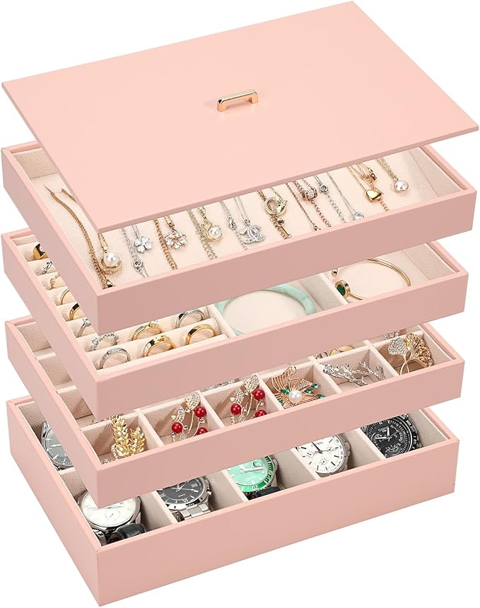 Voova Stackable Jewelry Organizer Tray with Lid, PU Leather Jewelry Storage Holder for Drawer Inserts, Jewellery Display Box 