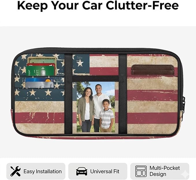 Vintage American Flag Sun Visor Storage Bag Vehicle Visor Storage Pouch Multi-Pocket Car Storage Pouch Holder Fits Most Cars,SUVs,Jeeps,Trucks