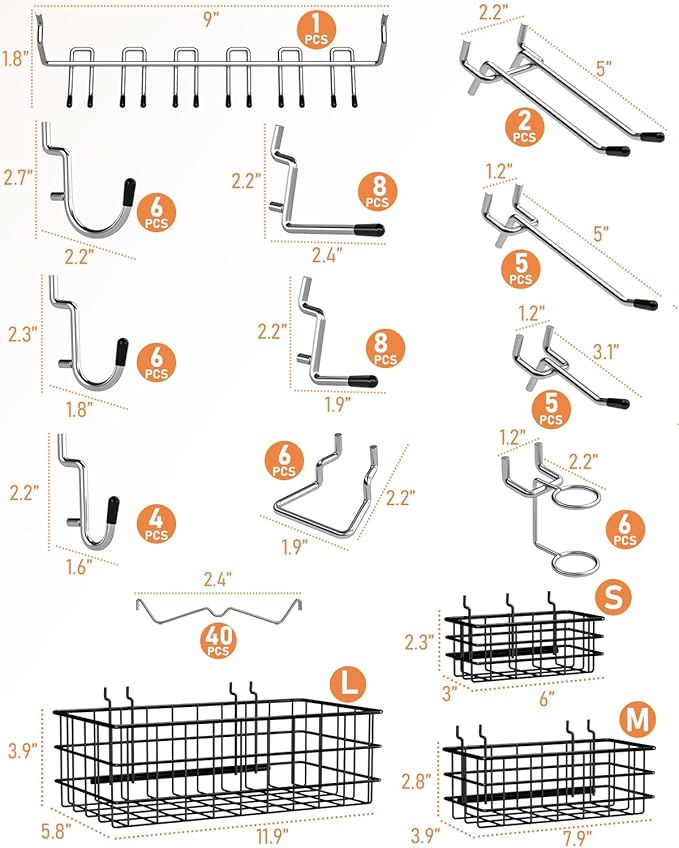 INCLY 1/4“ Extra Thick Pegboard Accessories Kit, 100PCS Heavy Duty Metal Peg Board Hook Assortment with 3 Sizes Basket S/M/L 