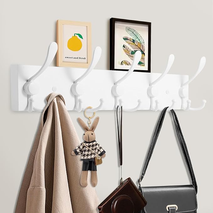 Kuhome 2pcs Coat Rack Wall Mount Coat Hooks Wooden Hat Rack for Wall Hooks Pine Real Wood Plank 16.9" White Coat Hanger with 