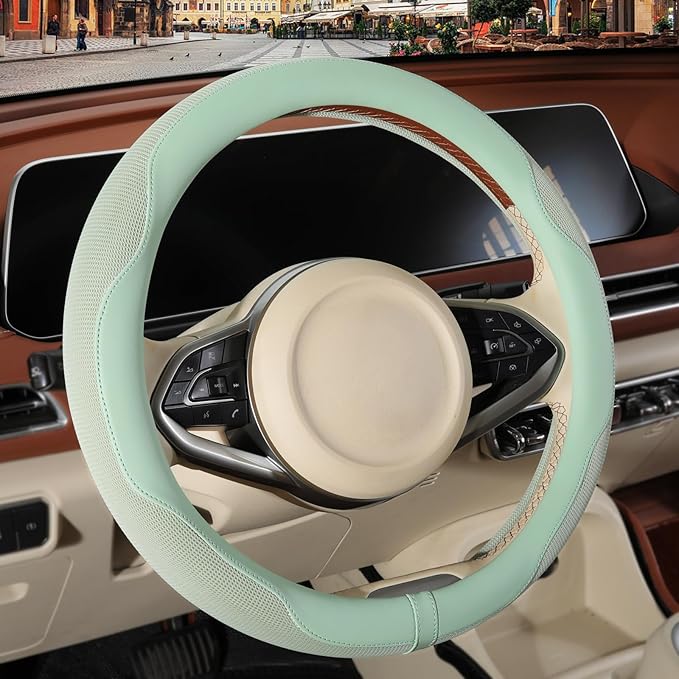 Nappa Leather Green Steering Wheel Cover, Advanced Microfiber Leather Non-Slip Breathable Fabric, Warm in Winter and Cool in 