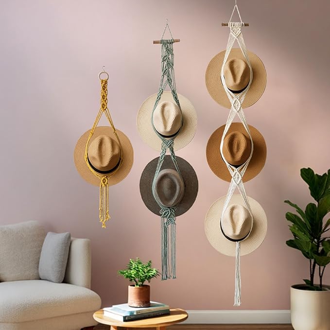 Bohemian Hat Rack Hat Hanger, Macrame Hat Organizer for Wall Hanging, Handmade Hat Holder, Hat Storage for Wide-Brim Hats, Bo