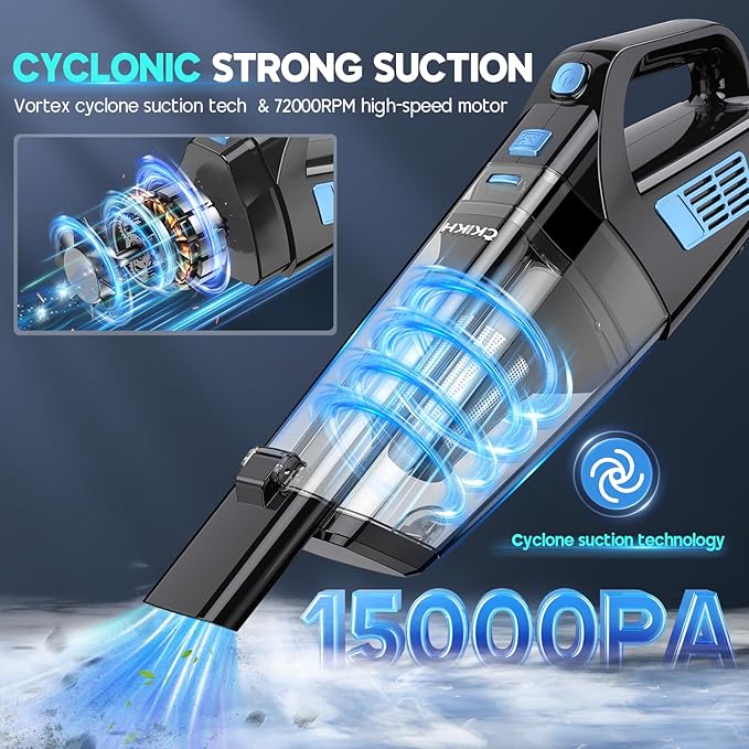 Handheld Vacuum Cordless, 15000PA Strong Suction Hand Held Car Vacuum Cleaner Portable with Multi-Nozzles & Washable Filter, 