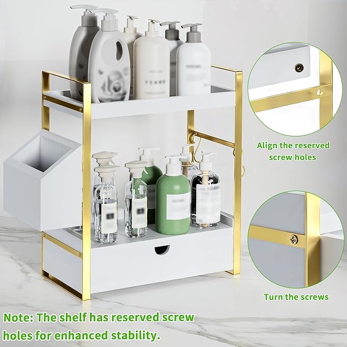2-Tier Bathroom Counter Organizer with Drawer and Basket, Wood Countertop Organizer for Storage, Skincare Organizers for Vani
