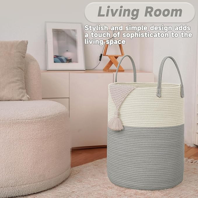 JMvicyroam Large Woven Laundry Basket Hamper,60L Cotton Rope Storage Bin for Blankets,Toys and Clothes,Decorative Tall Nurser