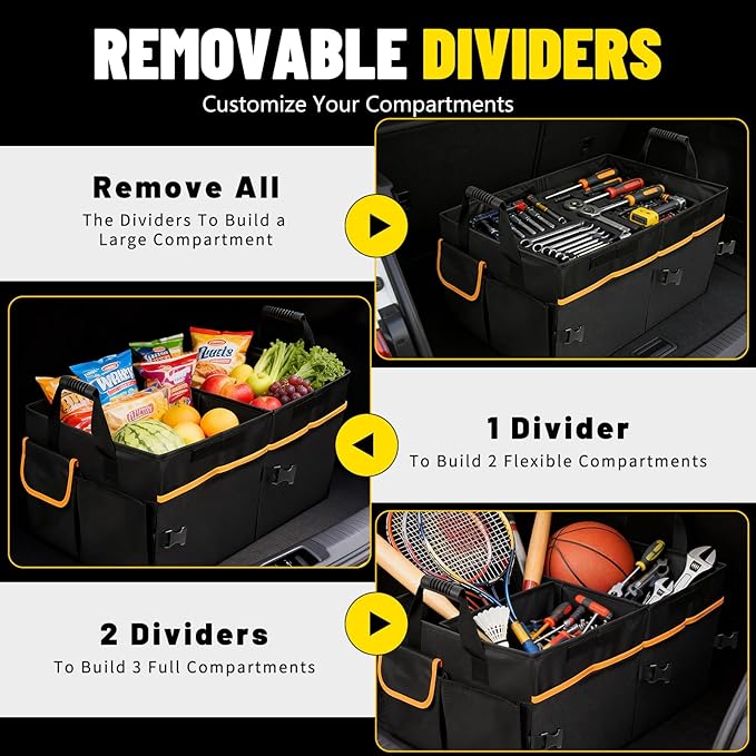 95L Car Trunk Organizer with 2 Tie-Down Straps&2 Removable Dividers|Foldable Cover,Multi-Compartment Collapsible Storage Box f