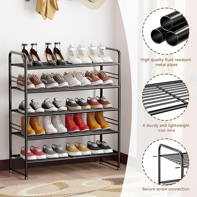 Shoe Rack Stackable, 5 Tier All Metal Free Standing Shoe Storage for Garage, Heavy Duty & Adjustable, Black