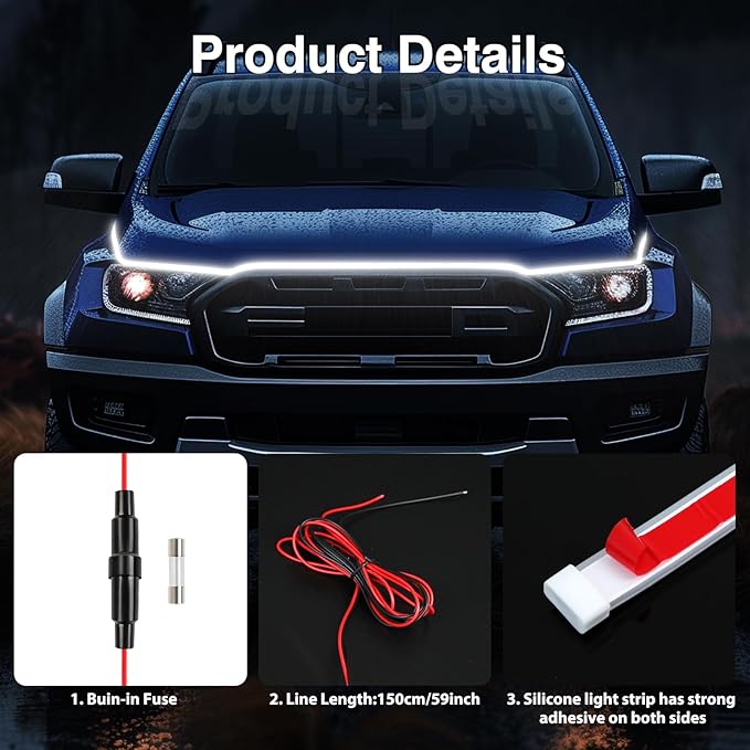 Car Hood Light Strip Exterior, 94.5 Inch DRL LED Strip Lights Waterproof IP68 Scan Start-up + White Light,Compatible with GMC Sierra 1500 2500 Chevy Silverado 1500 2500 Dodge Ram 1500