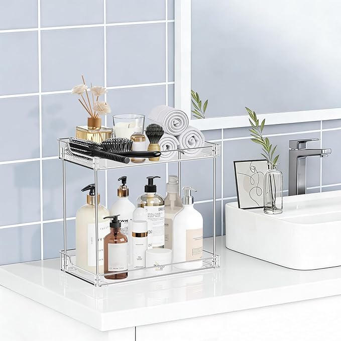 2 Tier Bathroom Counter Organizer, Clear Bathroom Counter Shelf for Vanity Countertop, Kitchen, Sink Storage, Tiered Skincare