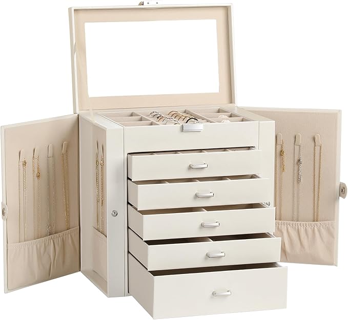 Frebeauty Large Jewelry Box,6-Tier PU Leather Jewelry Organizer,Multi-functional Storage Case with Mirror,Accessories Holder 