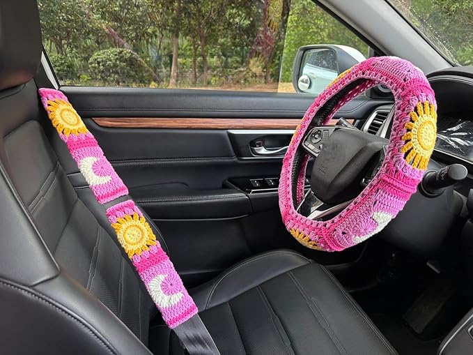 Handmade Crochet Sun and Moon Car Steering Wheel Covers Universal 14-15 inch for Women and Men (A,Steering Wheel Cover+2 Belt Cover)