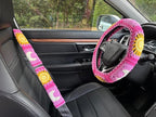Handmade Crochet Sun and Moon Car Steering Wheel Covers Universal 14-15 inch for Women and Men (A,Steering Wheel Cover+2 Belt Cover)