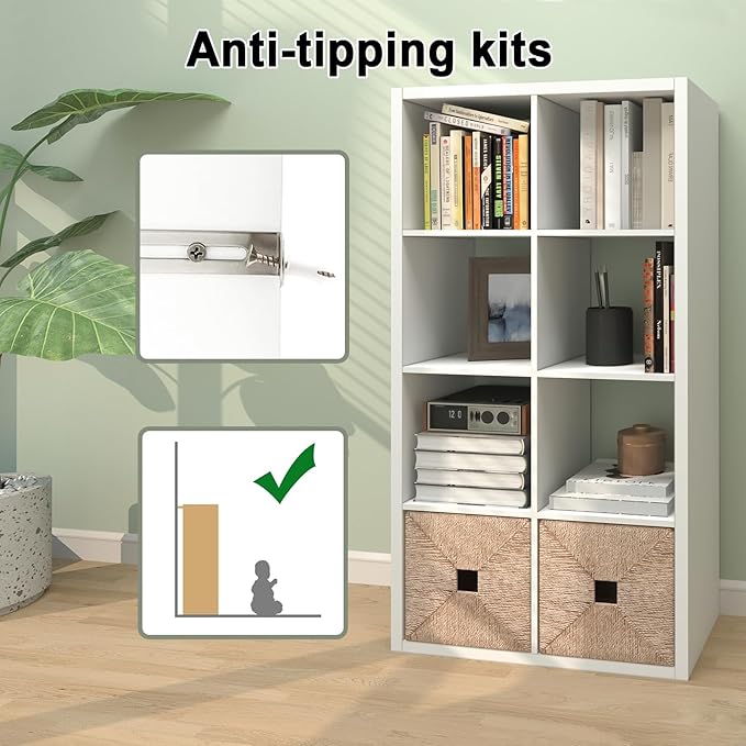 CTESNE【2026 Wooden Thick Frame 8 Cube Storage Organizer Shelf with Anti-Tipping Kits + Reversible Open Back Bookcase, Horizon