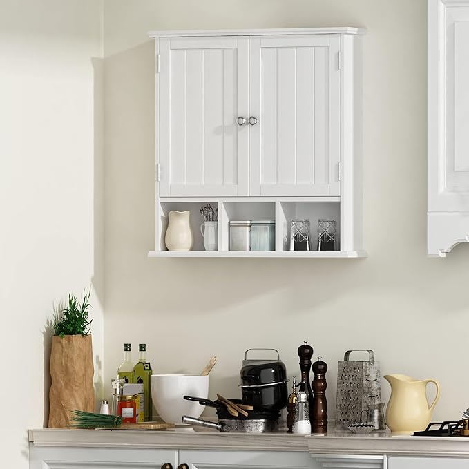 ChooChoo Bathroom Cabinet Wall Mounted 2-Door with 3 Open Shelves, Wooden Medicine Cabinets with Adjustable Shelf, Space Save