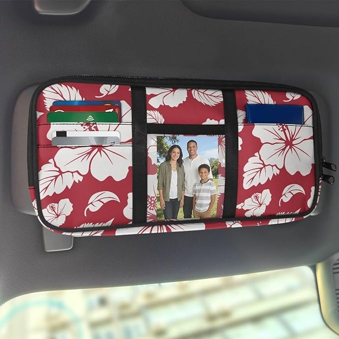 Hibiscus Flower Car Sun Visor Organizer Keep Tidy Car Visor Organizer with Big Zipper Pocket Card Holder Universal Fit for Most Cars SUV