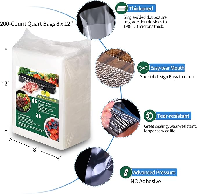 200 Vacuum Sealer Bags For Food, 8x12 Inch Thick BPA Free Vacuum Sealer Storage Bags, Compatible with All Vac Machines, Food 