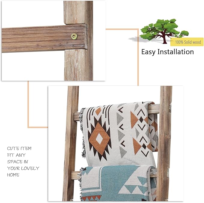 FUIN 6.4ft Extra Wide Wooden Blanket Ladder Living Room Decorative Wal Leaning Farmhouse Quilt Display Holder Rustic Wood Tow