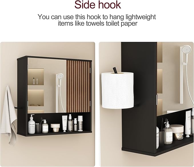 Bathroom Wall Cabinet With Mirror,wall mounted bathroom cabinet,Medicine Cabinet with 2 Door ,Side Hook,Light and Adjustable 