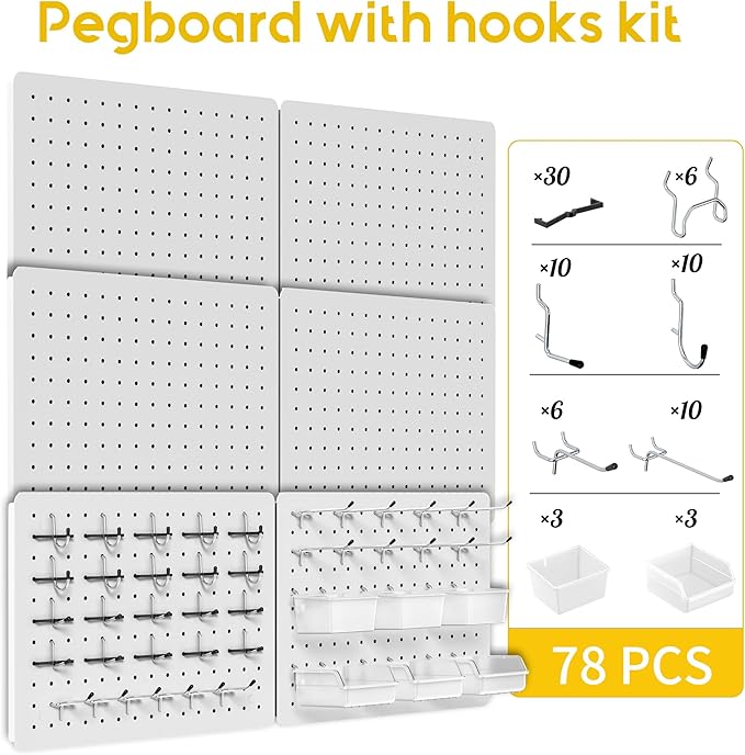Peg Board for Tools, 6 Pack Metal Pegboard Wall Organizer with Hooks,16"×12" White Pegboard Panels for Walls Home, Garage Too