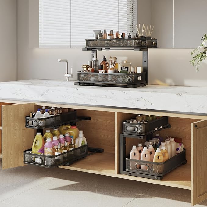 2 Pack 17.3IN-Depth Under Sink Organizer with Smooth Cylindrical Rail,2-Tier Pull Out Multi-Purpose Cabinet Storage for Bathr