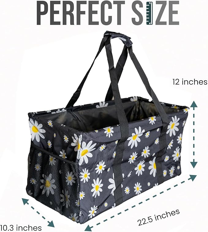 Extra Large Utility Tote Bag - Oversized Collapsible Reusable Wire Frame Rectangular Canvas Basket With Two Exterior Pockets For Beach, Pool, Laundry, Car Trunk, Storage - Black Daisy