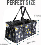 Extra Large Utility Tote Bag - Oversized Collapsible Reusable Wire Frame Rectangular Canvas Basket With Two Exterior Pockets For Beach, Pool, Laundry, Car Trunk, Storage - Black Daisy