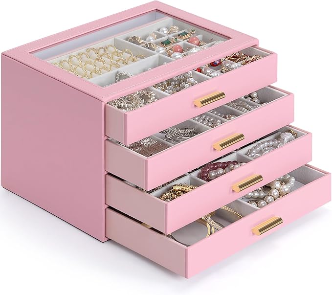 AKOZLIN Jewelry Box with Clear Lid Functional Leather Jewelry Storage Organizer Case 4 Drawers for Women Girls Necklace Ring 