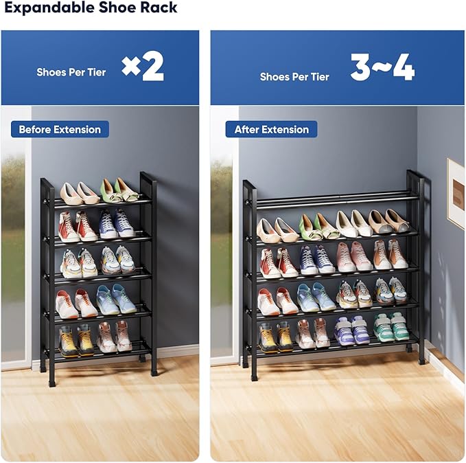 Abiglifty 5-Tier Expandable Shoe Rack,17"-33" Adjustable Shoe Rack for Closet,Metal Shoes Shelves for Front Door Entrance, Ga