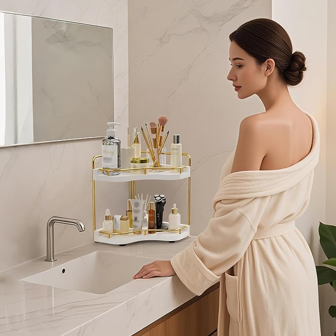 2-Tier Corner Bathroom Counter Organizer with Embedded Screw Holes, Secure & Stable Wood Vanity Shelf for Makeup and Skincare