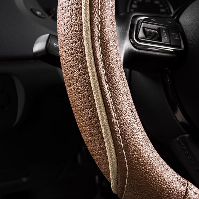 CAR PASS Brown Delux Leather Steering Wheel Cover, Universal Fit for Suvs,Sedans,Vans,Small Trucks for 14.5" to 15"(Brown & B