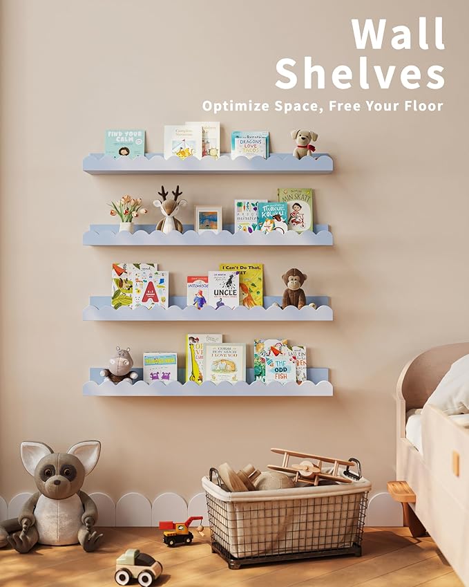 Shario Nursery Book Shelves, 4-Pack White Floating Shelves for Wall Kids, Scalloped Shelves, Wall Book Shelves for Bedroom Ki