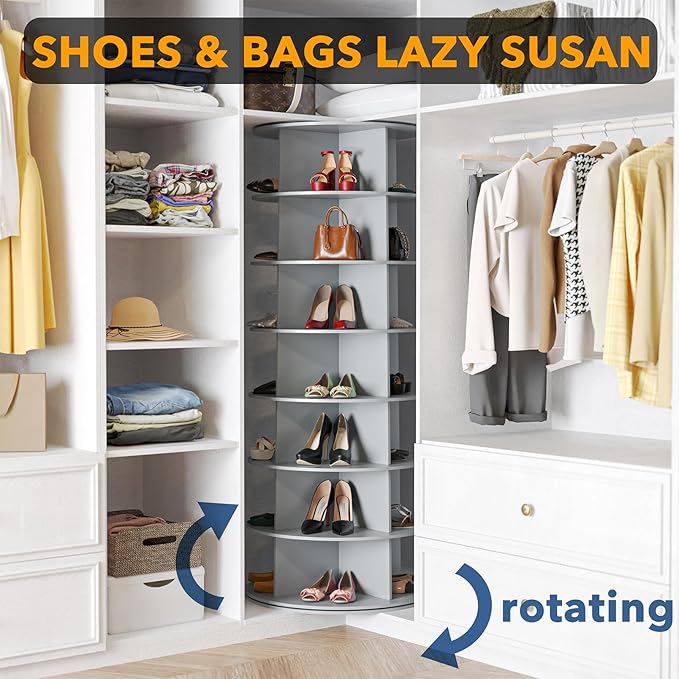 SpaceAid 7 Tier Rotating Shoe Rack Tower, Spinning Shoe Display Lazy Susan, Revolving 360 Shoe Rack Storage Round Carousel, V