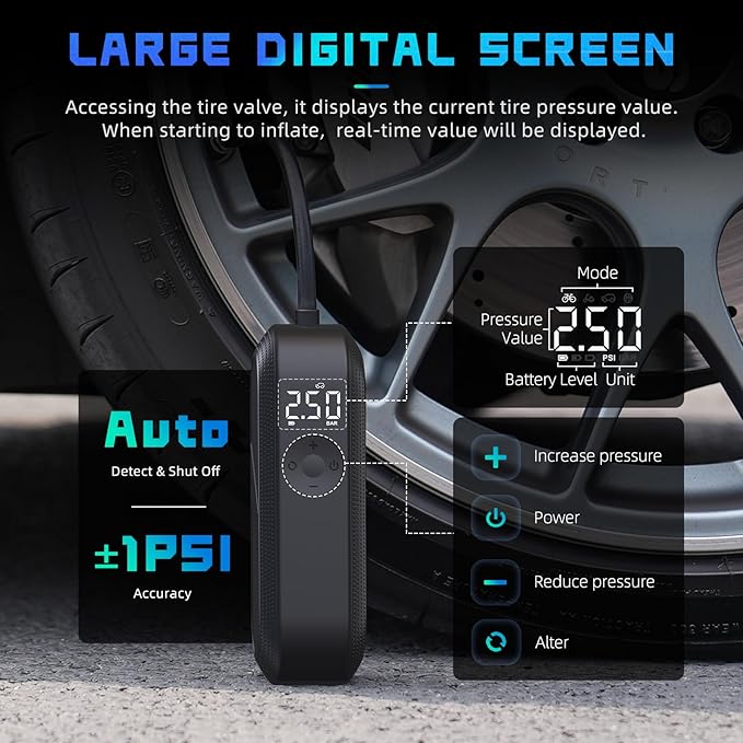 CYCPLUS Electric Air Compressor Portable Bicycle Pump Car Tire Inflator, Max 150 PSI, Auto Shut-Off Air Pump with Presta and Schrader Valves for All Bicycles Motorcycles and Cars