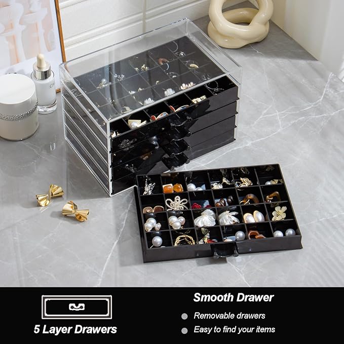 YUFONG Earring Storage Box Organizer, Acrylic Jewelry Storage Box Holder 5 Drawers Transparent Jewelry Display Stand with 120