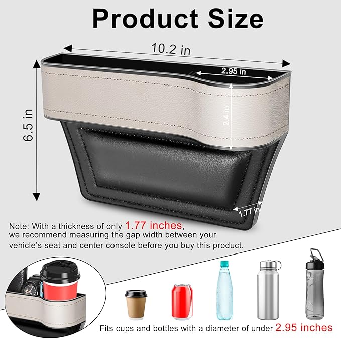 Car Seat Gap Filler Organizer, 2 Pack Multifunctional Car Seat Organizer, Auto Console Side Storage Box with Cup Holders 2 Seat Hooks for Drink, Car Organizer Front Seat for Holding Phone, Sunglasses