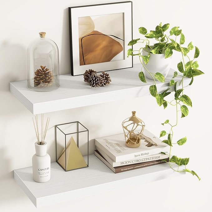 Fun Memories Floating Shelves - 2 Pack 9.3 Inch Deep Rustic Wooden Wall Shelves - Wall Mounted Storage Shelf with Invisible B